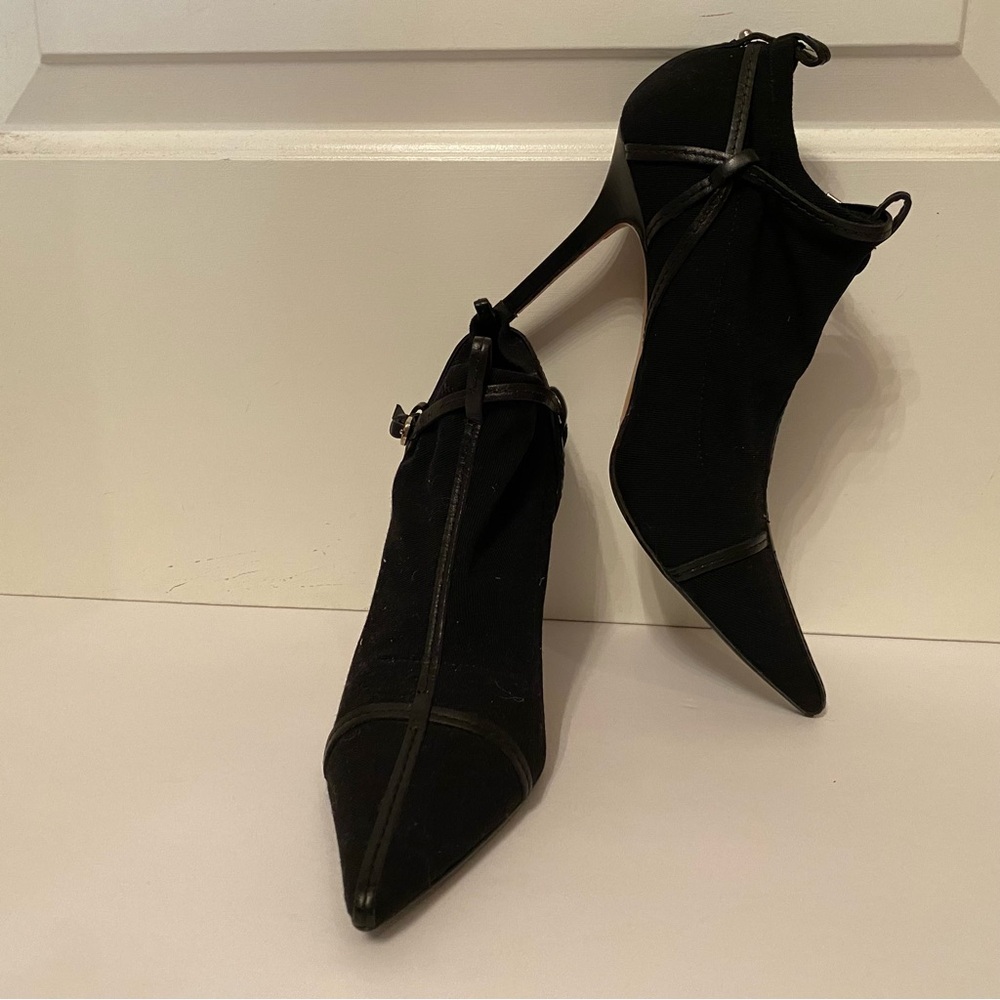 GUCCI HEELS STILETTO SHOES BLACK STRETCH FABRIC LEATHER TRIM BUCKLE 7.5B POINTY - Picture 3 of 15
